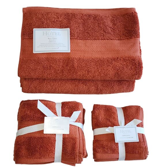 Hotel 8pc Autumnal Rust Color Cotton Towel Set 2 Bath 2 Hand 4Tip Made in Green - Picture 2 of 15